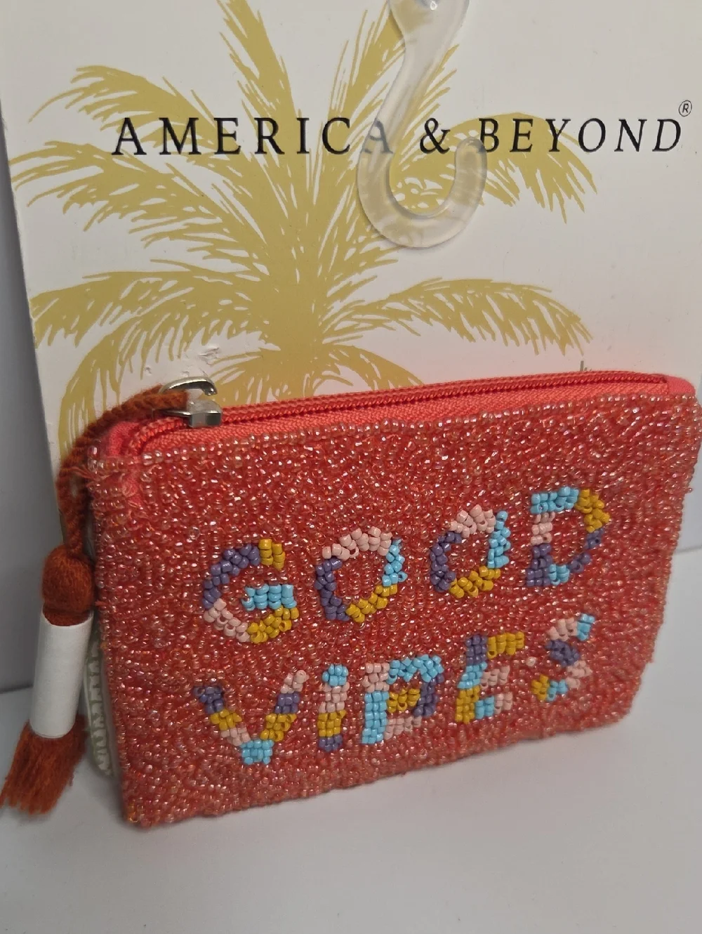 💕▪️America & Beyond▪️ Orange 'Good Vibes' Beaded Coin Purse